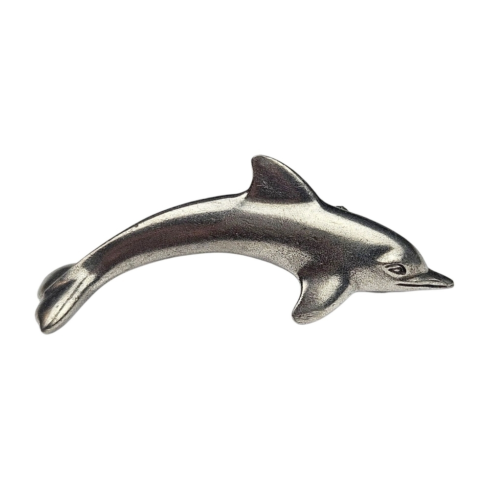 Vintage Dolphin Brooch 3D Dimensional Pewter Silver Tone Signed 1991 90s 2 3/8"